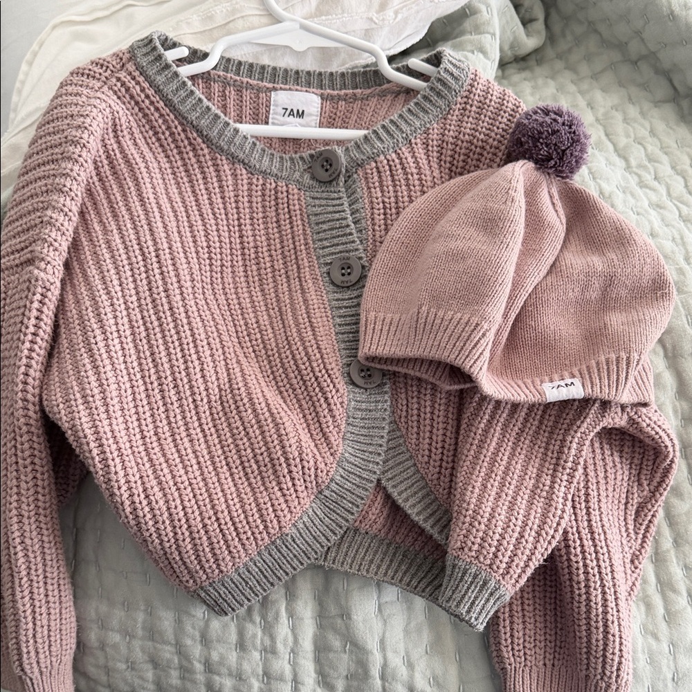 7AM Enfant Dusty Pink Knit Cardigan & Beret Set